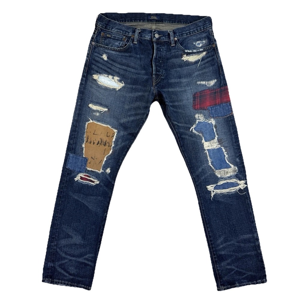 Polo Ralph Lauren Varick Slim Straight Distressed Patchwork‎ Patch Jeans 33 x 30